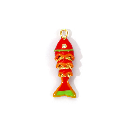 Picture of 1 Piece Eco-friendly Brass Ocean Jewelry Charms 18K Real Gold Plated Red Enamel Fish Animal Movable Clear Cubic Zirconia 28mm x 9mm