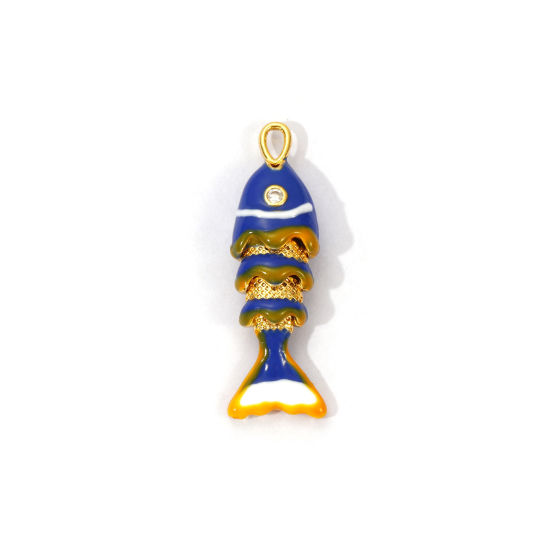 Picture of 1 Piece Eco-friendly Brass Ocean Jewelry Charms 18K Real Gold Plated Dark Blue Enamel Fish Animal Movable Clear Cubic Zirconia 28mm x 9mm