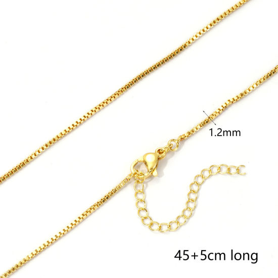2 PCs Eco-friendly Brass Box Chain Necklace 18K Real Gold Plated 45cm(17.7") + 5cm(2") long, Chain Size: 1.2mm の画像