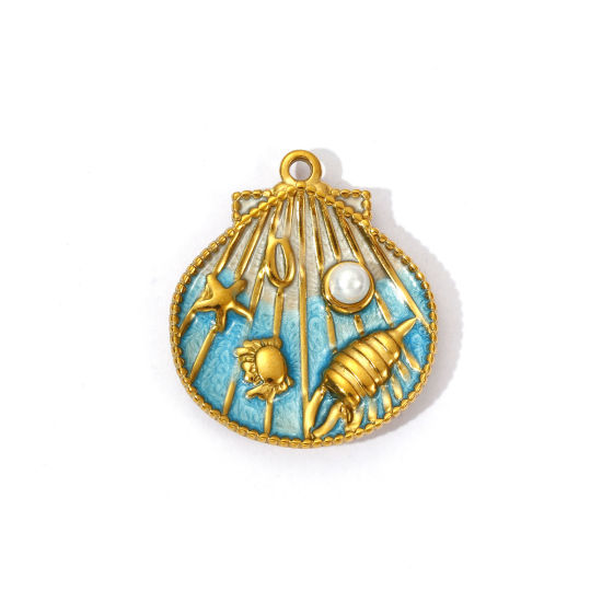 Picture of 2 PCs Eco-friendly PVD Vacuum Plating 304 Stainless Steel Ocean Jewelry Charms 18K Gold Plated Blue Pearlized Shell Starfish Enamel 29mm x 25mm