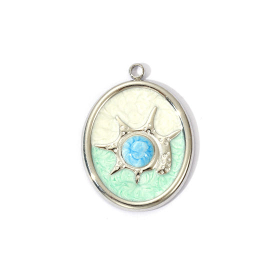 Picture of 2 PCs 304 Stainless Steel Ocean Jewelry Charms Silver Tone Green Pearlized Oval Conch Sea Snail Enamel 26mm x 19mm