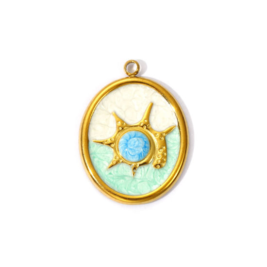 Picture of 2 PCs Eco-friendly PVD Vacuum Plating 304 Stainless Steel Ocean Jewelry Charms 18K Gold Plated Green Pearlized Oval Conch Sea Snail Enamel 26mm x 19mm