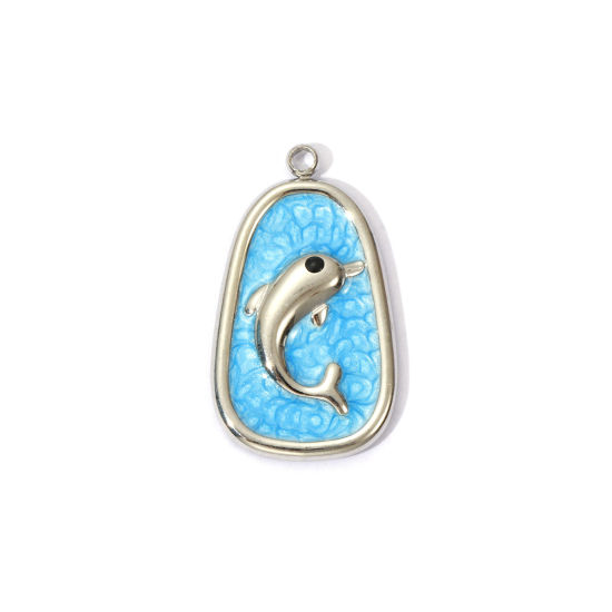 Picture of 2 PCs 304 Stainless Steel Ocean Jewelry Charms Silver Tone Blue Pearlized Drop Dolphin Enamel 27mm x 16mm