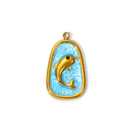 Picture of 2 PCs Eco-friendly PVD Vacuum Plating 304 Stainless Steel Ocean Jewelry Charms 18K Gold Plated Blue Pearlized Drop Dolphin Enamel 27mm x 16mm