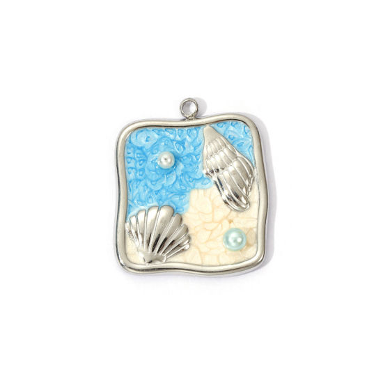 Picture of 2 PCs 304 Stainless Steel Ocean Jewelry Charms Silver Tone Light Blue Pearlized Square Conch Sea Snail Enamel 26mm x 22mm