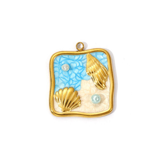 Picture of 2 PCs Eco-friendly PVD Vacuum Plating 304 Stainless Steel Ocean Jewelry Charms 18K Gold Plated Light Blue Pearlized Square Conch Sea Snail Enamel 26mm x 22mm