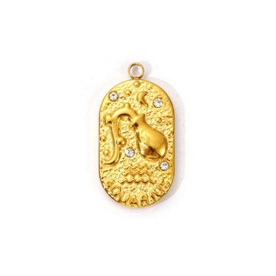 Picture of 1 Piece Eco-friendly PVD Vacuum Plating 304 Stainless Steel Charms 18K Real Gold Plated Oval Aquarius Sign Of Zodiac Constellations Clear Cubic Zirconia 25mm x 13mm