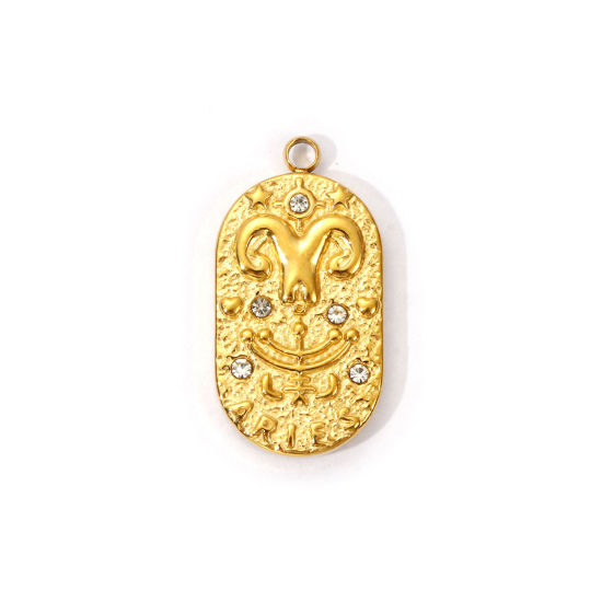 Picture of 1 Piece Eco-friendly PVD Vacuum Plating 304 Stainless Steel Charms 18K Real Gold Plated Oval Aries Sign Of Zodiac Constellations Clear Cubic Zirconia 25mm x 13mm