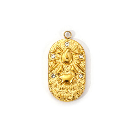 Picture of 1 Piece Eco-friendly PVD Vacuum Plating 304 Stainless Steel Charms 18K Real Gold Plated Oval Cancer Sign Of Zodiac Constellations Clear Cubic Zirconia 25mm x 13mm
