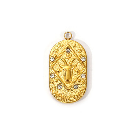 Picture of 1 Piece Eco-friendly PVD Vacuum Plating 304 Stainless Steel Charms 18K Real Gold Plated Oval Capricornus Sign Of Zodiac Constellations Clear Cubic Zirconia 25mm x 13mm