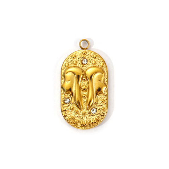 Picture of 1 Piece Eco-friendly PVD Vacuum Plating 304 Stainless Steel Charms 18K Real Gold Plated Oval Gemini Sign Of Zodiac Constellations Clear Cubic Zirconia 25mm x 13mm