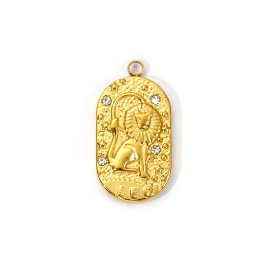 Picture of 1 Piece Eco-friendly PVD Vacuum Plating 304 Stainless Steel Charms 18K Real Gold Plated Oval Leo Sign Of Zodiac Constellations Clear Cubic Zirconia 25mm x 13mm