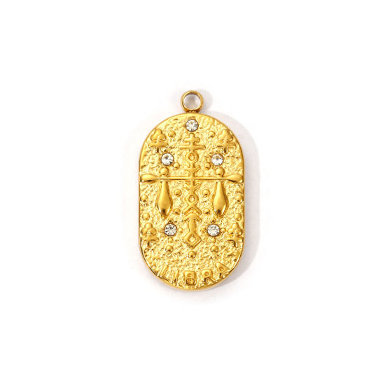 Picture of 1 Piece Eco-friendly PVD Vacuum Plating 304 Stainless Steel Charms 18K Real Gold Plated Oval Libra Sign Of Zodiac Constellations Clear Cubic Zirconia 25mm x 13mm