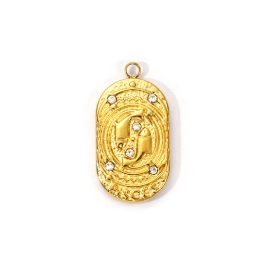 Picture of 1 Piece Eco-friendly PVD Vacuum Plating 304 Stainless Steel Charms 18K Real Gold Plated Oval Pisces Sign Of Zodiac Constellations Clear Cubic Zirconia 25mm x 13mm