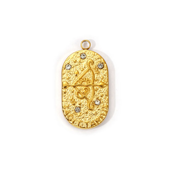 Picture of 1 Piece Eco-friendly PVD Vacuum Plating 304 Stainless Steel Charms 18K Real Gold Plated Oval Sagittarius Sign Of Zodiac Constellations Clear Cubic Zirconia 25mm x 13mm