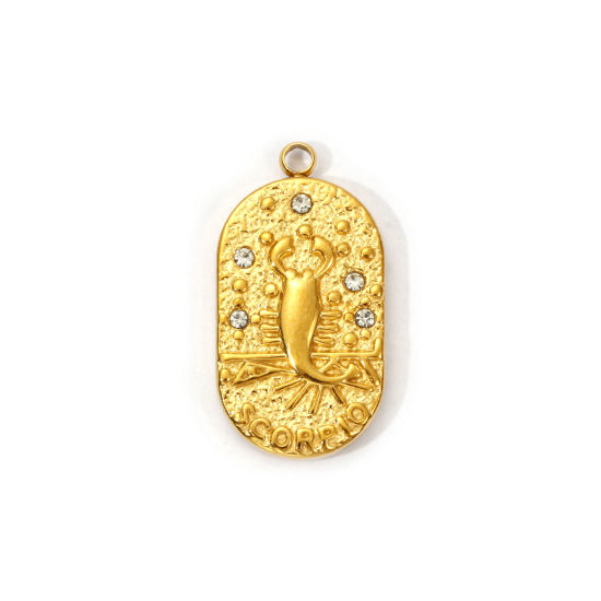 Picture of 1 Piece Eco-friendly PVD Vacuum Plating 304 Stainless Steel Charms 18K Real Gold Plated Oval Scorpio Sign Of Zodiac Constellations Clear Cubic Zirconia 25mm x 13mm