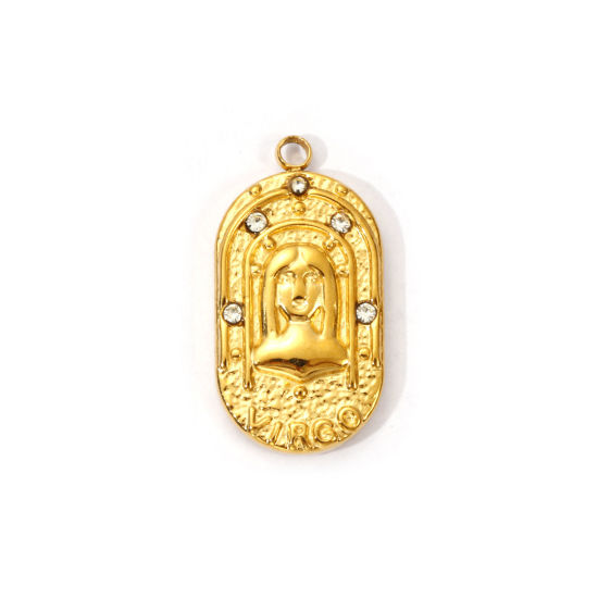 Picture of 1 Piece Eco-friendly PVD Vacuum Plating 304 Stainless Steel Charms 18K Real Gold Plated Oval Virgo Sign Of Zodiac Constellations Clear Cubic Zirconia 25mm x 13mm