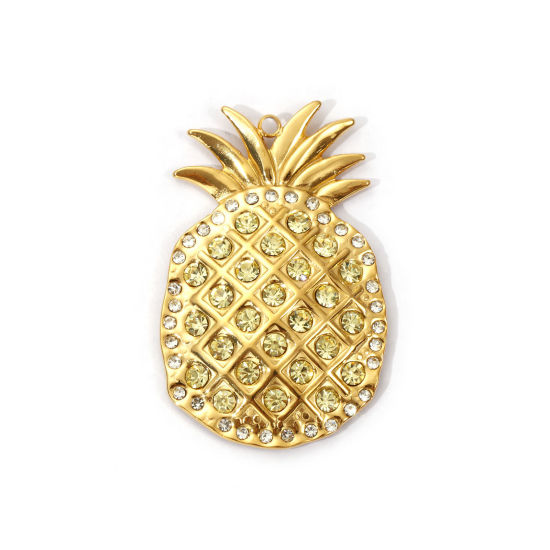 Picture of 1 Piece Eco-friendly PVD Vacuum Plating 304 Stainless Steel Pendants 18K Real Gold Plated Pineapple/ Ananas Fruit Micro Pave Pale Yellow Cubic Zirconia 4.4cm x 2.8cm
