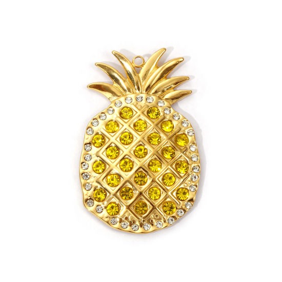 Picture of 1 Piece Eco-friendly PVD Vacuum Plating 304 Stainless Steel Pendants 18K Real Gold Plated Pineapple/ Ananas Fruit Micro Pave Yellow Cubic Zirconia 4.4cm x 2.8cm