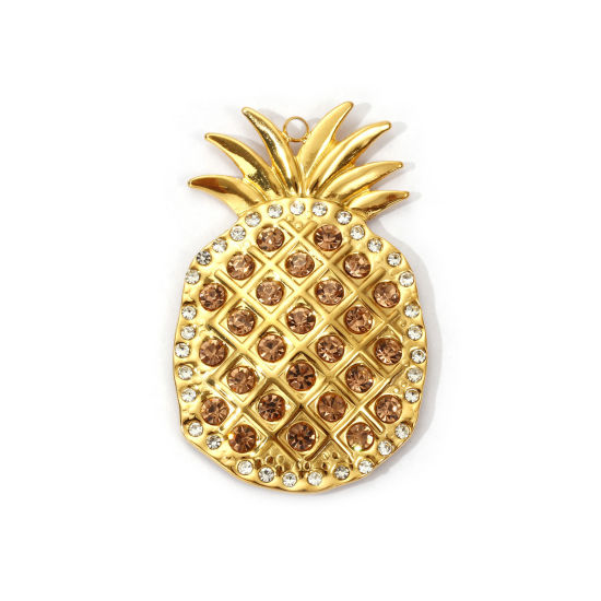 Picture of 1 Piece Eco-friendly PVD Vacuum Plating 304 Stainless Steel Pendants 18K Real Gold Plated Pineapple/ Ananas Fruit Micro Pave Champagne Cubic Zirconia 4.4cm x 2.8cm