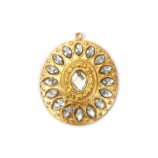 Picture of 1 Piece Eco-friendly PVD Vacuum Plating 304 Stainless Steel Pendants 18K Real Gold Plated Oval Clear Rhinestone 3.7cm x 3.1cm