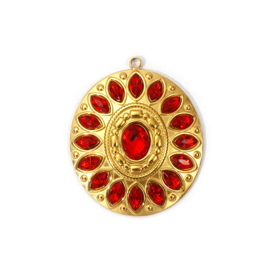 Picture of 1 Piece Eco-friendly PVD Vacuum Plating 304 Stainless Steel Pendants 18K Real Gold Plated Oval Red Rhinestone 3.7cm x 3.1cm