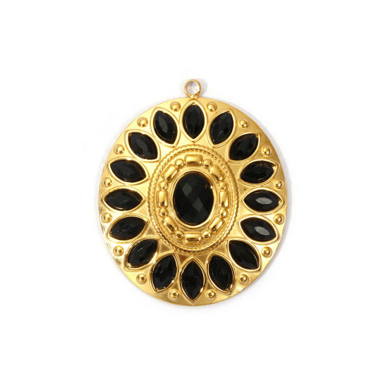 Picture of 1 Piece Eco-friendly PVD Vacuum Plating 304 Stainless Steel Pendants 18K Real Gold Plated Oval Black Rhinestone 3.7cm x 3.1cm