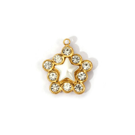 Picture of 1 Piece Eco-friendly PVD Vacuum Plating 304 Stainless Steel Galaxy Charms 18K Real Gold Plated White Pentagram Star Acrylic Imitation Pearl Clear Rhinestone 20mm x 18mm