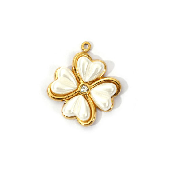 Picture of 1 Piece Eco-friendly PVD Vacuum Plating 304 Stainless Steel Charms 18K Real Gold Plated White Four Leaf Clover Acrylic Imitation Pearl Clear Rhinestone 24mm x 21mm