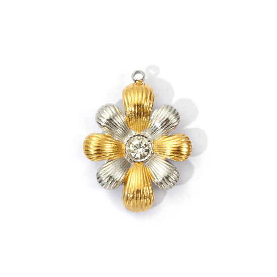 Immagine di 1 Pz Placcatura Sottovuoto PVD Ecologica 304 Acciaio Inossidabile Ciondoli 18K Vero Oro Placcato & Tono Argento Doppio Colore Fiore Trasparente Strass 25.5mm x 19.5mm