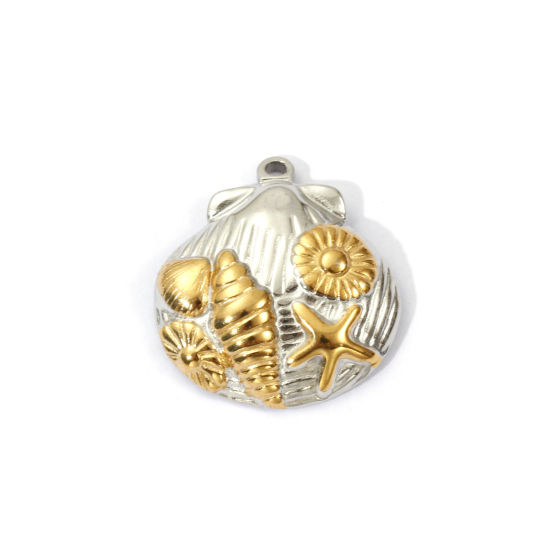Immagine di 1 Pz Placcatura Sottovuoto PVD Ecologica 304 Acciaio Inossidabile Gioielli Oceanici Ciondoli 18K Vero Oro Placcato & Tono Argento Doppio Colore Conchiglia littorina 21.5mm x 20mm