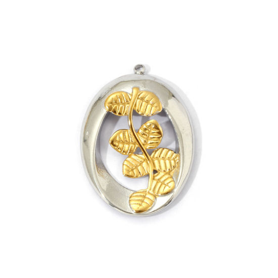 Immagine di 1 Pz Placcatura Sottovuoto PVD Ecologica 304 Acciaio Inossidabile Ciondoli Pendenti 18K Vero Oro Placcato & Tono Argento Doppio Colore Ovale Foglia Filigrana 3.3cm x 2.3cm