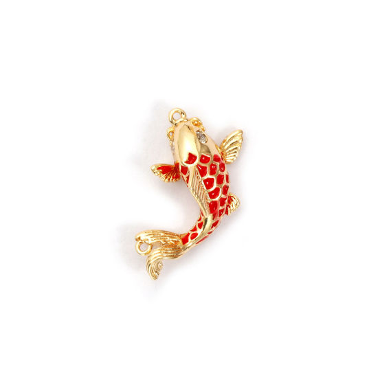 Imagen de 1 Unidad Respetuoso del Medio Ambiente Latón Joyería del océano Colgantes 18K Oro Real Chapado Rojo Esmalte Pez Claro Circón Artificial 18mm x 10mm