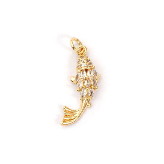 Imagen de 1 Unidad Respetuoso del Medio Ambiente Latón Joyería del océano Colgantes 18K Oro Real Chapado Pez Claro Circón Artificial 25mm x 8mm