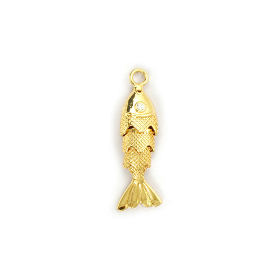 Imagen de 1 Piece Eco-friendly Brass Ocean Jewelry Charms 18K Real Gold Plated Fish Animal 3D Movable Clear Cubic Zirconia 28mm x 9mm