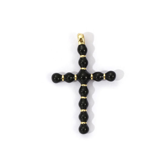 Bild von 1 Piece Eco-friendly Brass Religious Charms 18K Real Gold Plated Black Enamel Cross 3.6cm x 2.3cm