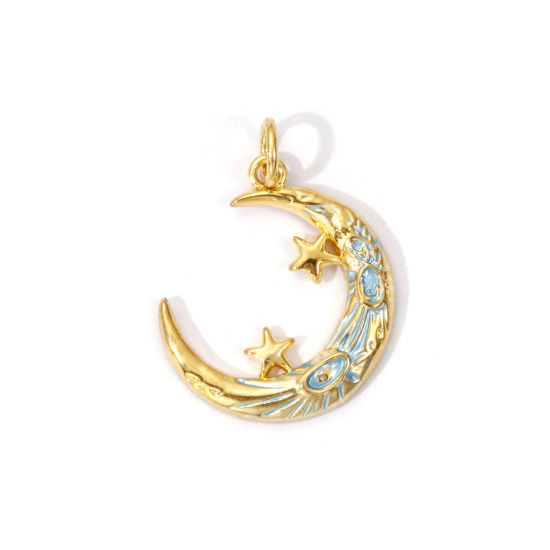 2 PCs Eco-friendly Brass Galaxy Charms 18K Real Gold Plated Blue Enamel Half Moon Star 22mm x 17mm の画像