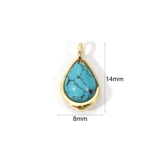 2 PCs Eco-friendly Brass & Turquoise Charms 18K Real Gold Plated Green Blue Drop 14mm x 8mm の画像