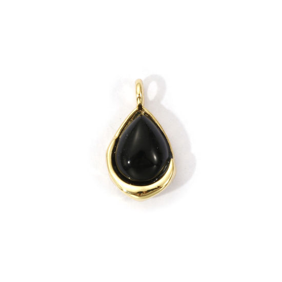 2 PCs Eco-friendly Brass & Agate Charms 18K Real Gold Plated Black Drop 14mm x 8mm の画像
