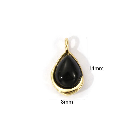 2 PCs Eco-friendly Brass & Agate Charms 18K Real Gold Plated Black Drop 14mm x 8mm の画像