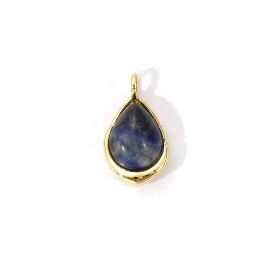 2 PCs Eco-friendly Brass & Gemstone Charms 18K Real Gold Plated Dark Blue Drop 14mm x 8mm の画像