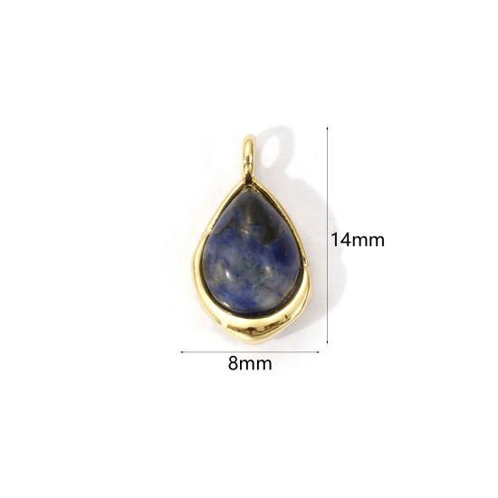 2 PCs Eco-friendly Brass & Gemstone Charms 18K Real Gold Plated Dark Blue Drop 14mm x 8mm の画像