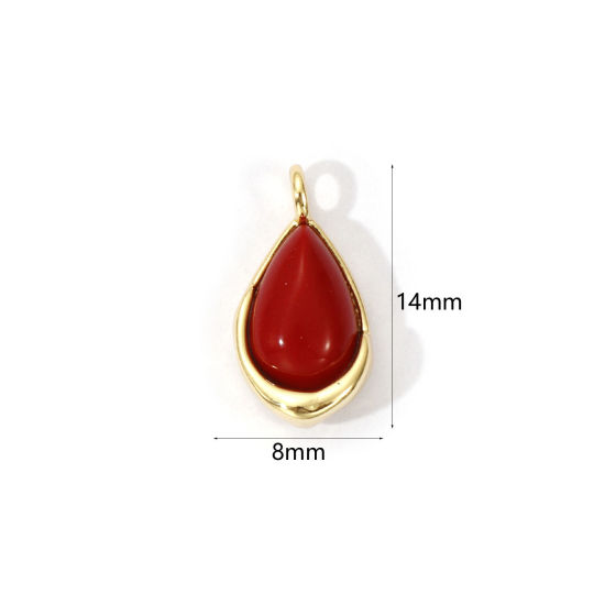 2 PCs Eco-friendly Brass & Jade Charms 18K Real Gold Plated Red Drop 14mm x 8mm の画像