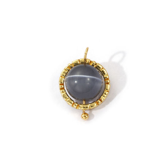 2 PCs Eco-friendly Brass & Cat's Eye Glass Charms 18K Real Gold Plated Gray Ball Rotatable 15mm x 11mm の画像