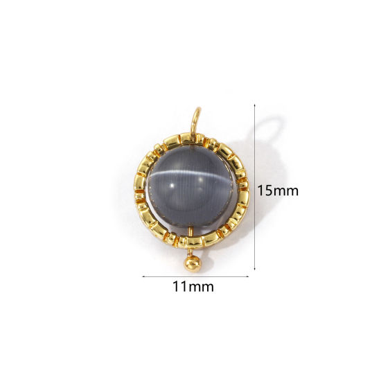 2 PCs Eco-friendly Brass & Cat's Eye Glass Charms 18K Real Gold Plated Gray Ball Rotatable 15mm x 11mm の画像