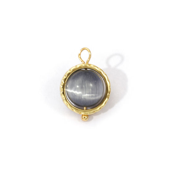 2 PCs Eco-friendly Brass & Cat's Eye Glass Charms 18K Real Gold Plated Gray Ball Rotatable 15mm x 11mm の画像