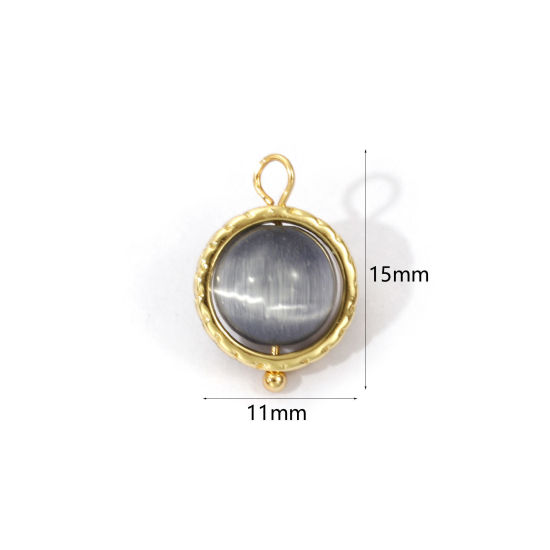 2 PCs Eco-friendly Brass & Cat's Eye Glass Charms 18K Real Gold Plated Gray Ball Rotatable 15mm x 11mm の画像