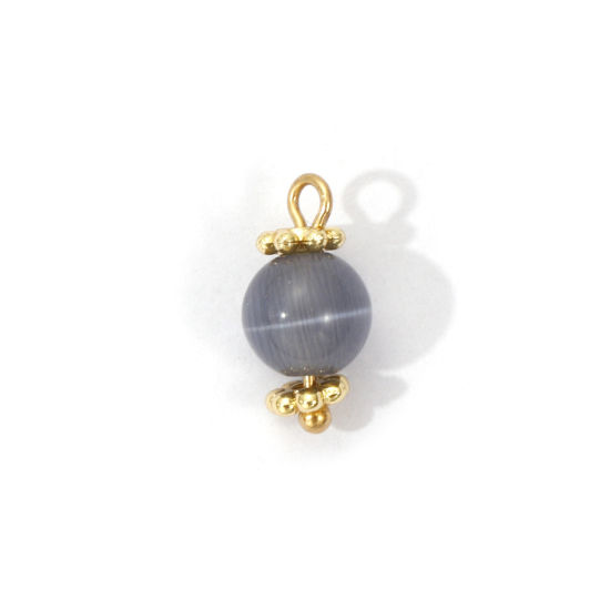 2 PCs Eco-friendly Brass & Cat's Eye Glass Charms 18K Real Gold Plated Gray Ball Rotatable 12mm x 6mm の画像