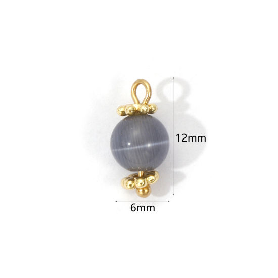 2 PCs Eco-friendly Brass & Cat's Eye Glass Charms 18K Real Gold Plated Gray Ball Rotatable 12mm x 6mm の画像