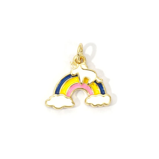 Picture of 2 PCs Eco-friendly Brass Weather Collection Charms 18K Real Gold Plated Multicolor Enamel Rainbow Cloud 17mm x 16mm